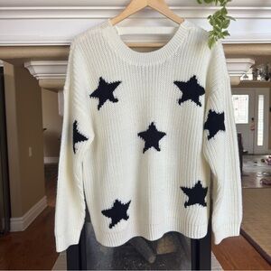 White Knit Star Print Open Back Sweater Large Celestial Boho Maternity